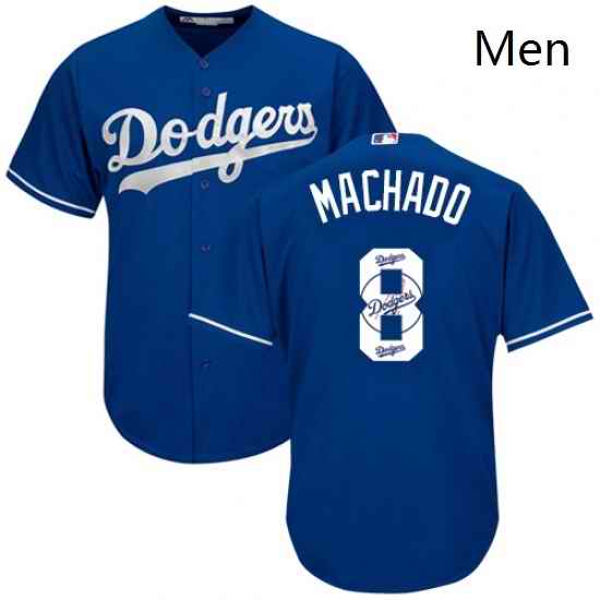 Mens Majestic Los Angeles Dodgers 8 Manny Machado Authentic Royal Blue Team Logo Fashion Cool Base MLB Jersey